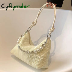 Korean Style Women Shoulder Bag Elegant Solid Colour Pearl Chain Handbag High Quality Cotton