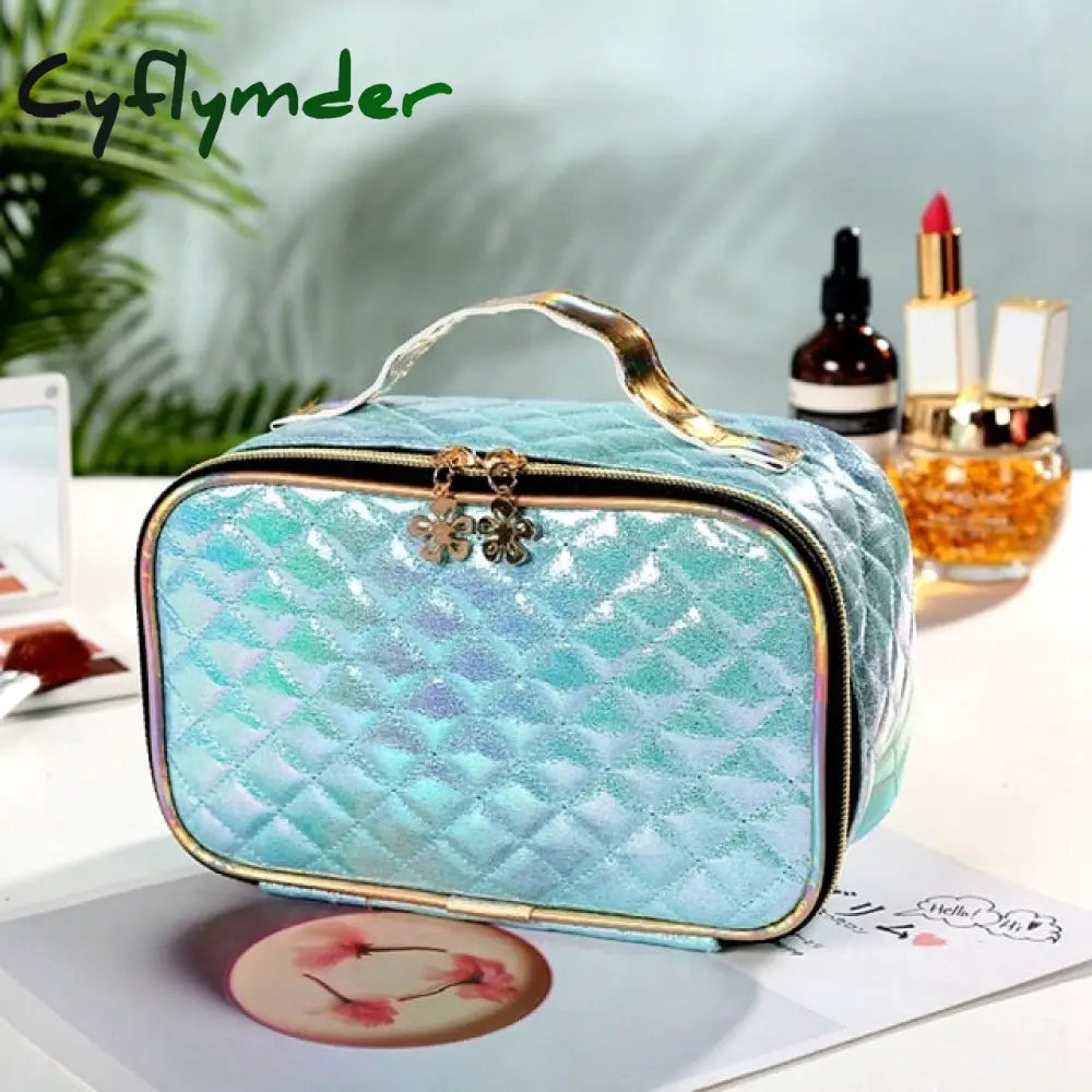 New Fashion Pu Portable Cosmetic Case Makeup Bag Casual Square Lattice Women Storage Wash A-Blue