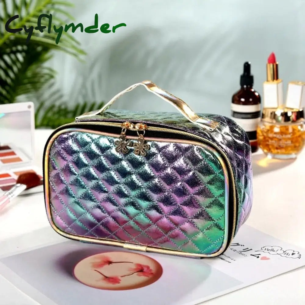 New Fashion Pu Portable Cosmetic Case Makeup Bag Casual Square Lattice Women Storage Wash A-Green