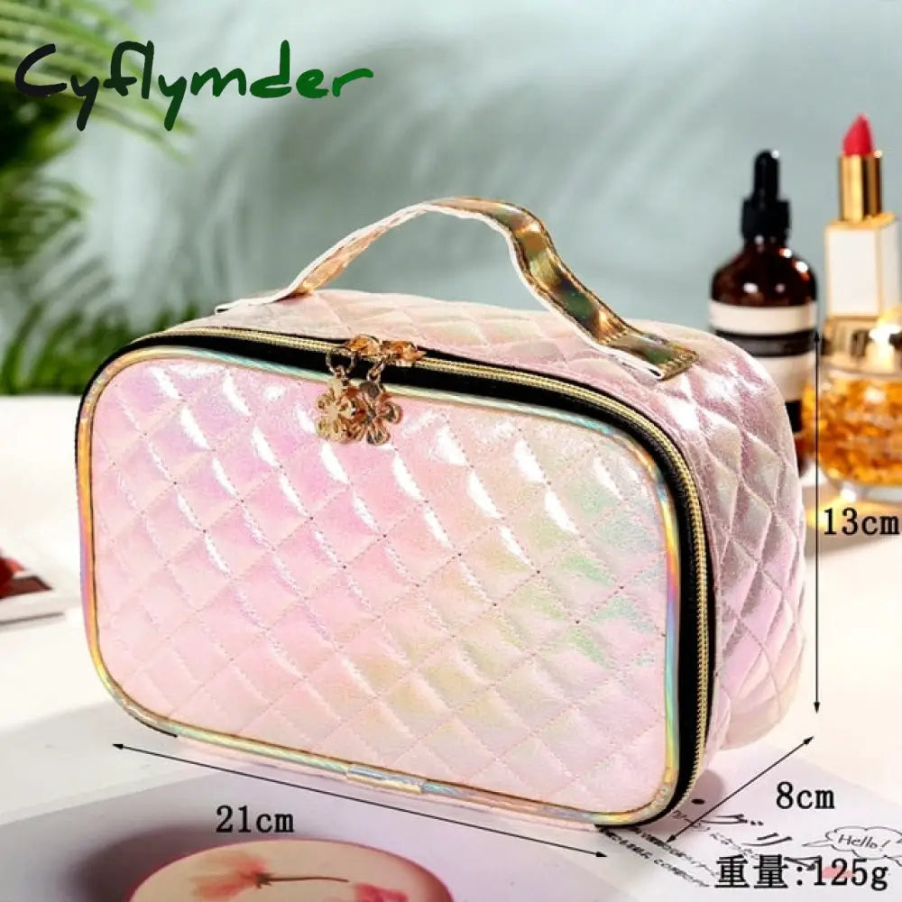 New Fashion Pu Portable Cosmetic Case Makeup Bag Casual Square Lattice Women Storage Wash A-Pink