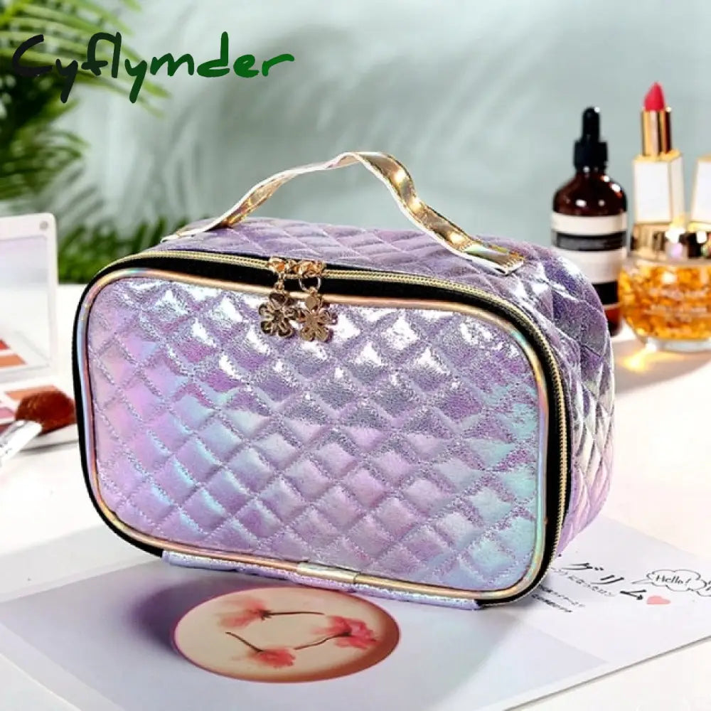 New Fashion Pu Portable Cosmetic Case Makeup Bag Casual Square Lattice Women Storage Wash A-Purple