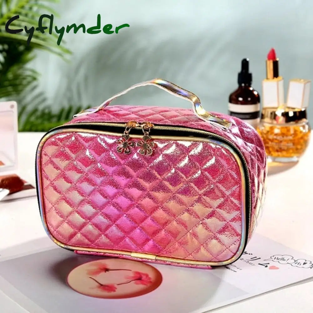 New Fashion Pu Portable Cosmetic Case Makeup Bag Casual Square Lattice Women Storage Wash A-Rose