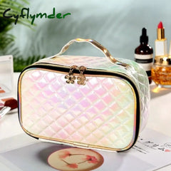 New Fashion Pu Portable Cosmetic Case Makeup Bag Casual Square Lattice Women Storage Wash A-White