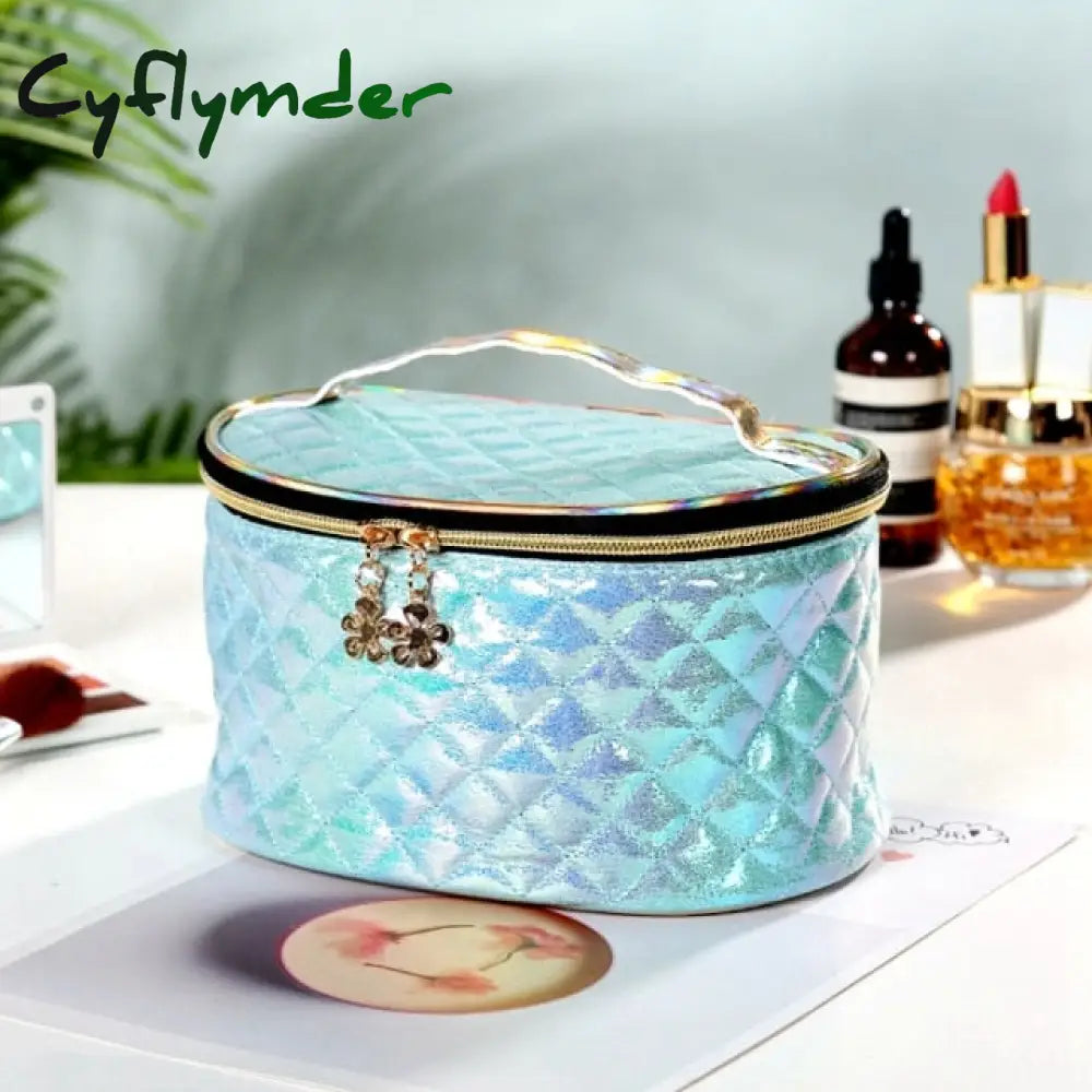 New Fashion Pu Portable Cosmetic Case Makeup Bag Casual Square Lattice Women Storage Wash B-Blue