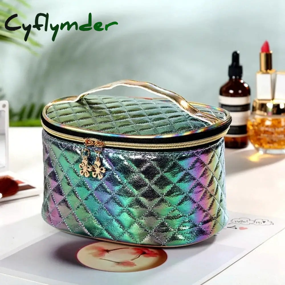 New Fashion Pu Portable Cosmetic Case Makeup Bag Casual Square Lattice Women Storage Wash B-Green