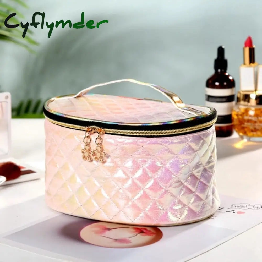 New Fashion Pu Portable Cosmetic Case Makeup Bag Casual Square Lattice Women Storage Wash B-Pink