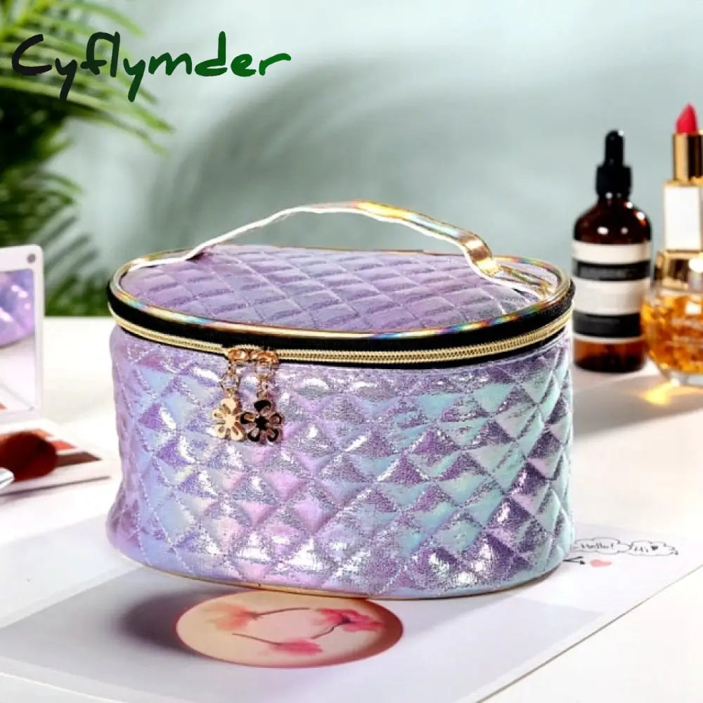 New Fashion Pu Portable Cosmetic Case Makeup Bag Casual Square Lattice Women Storage Wash B-Purple