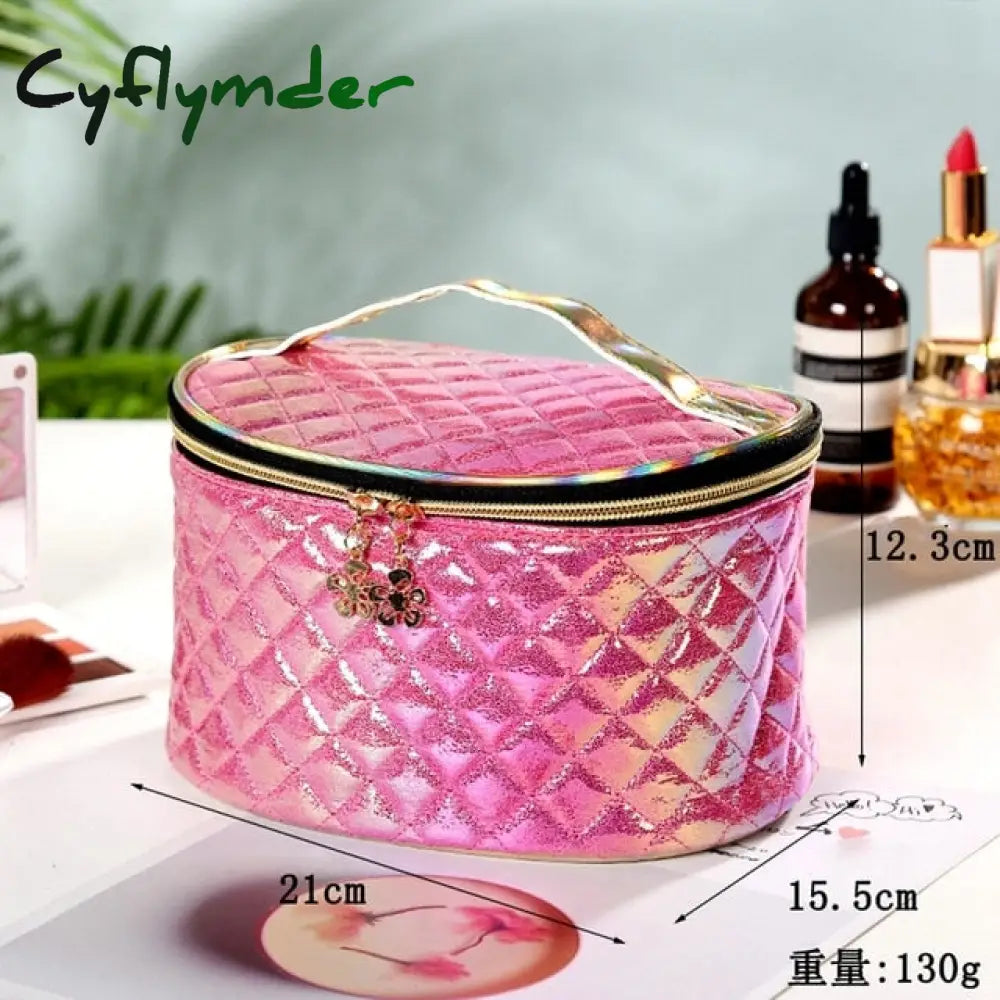 New Fashion Pu Portable Cosmetic Case Makeup Bag Casual Square Lattice Women Storage Wash B-Rose