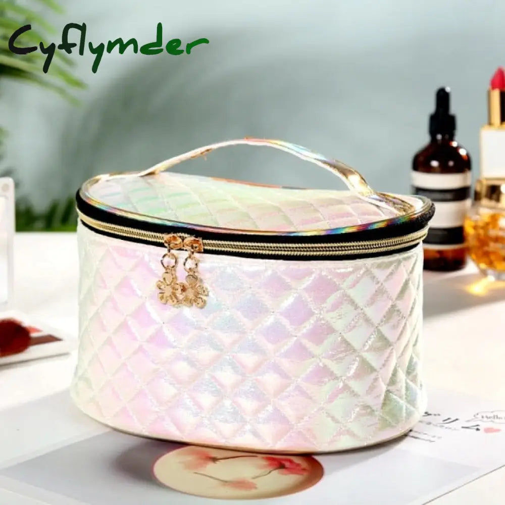 New Fashion Pu Portable Cosmetic Case Makeup Bag Casual Square Lattice Women Storage Wash B-White