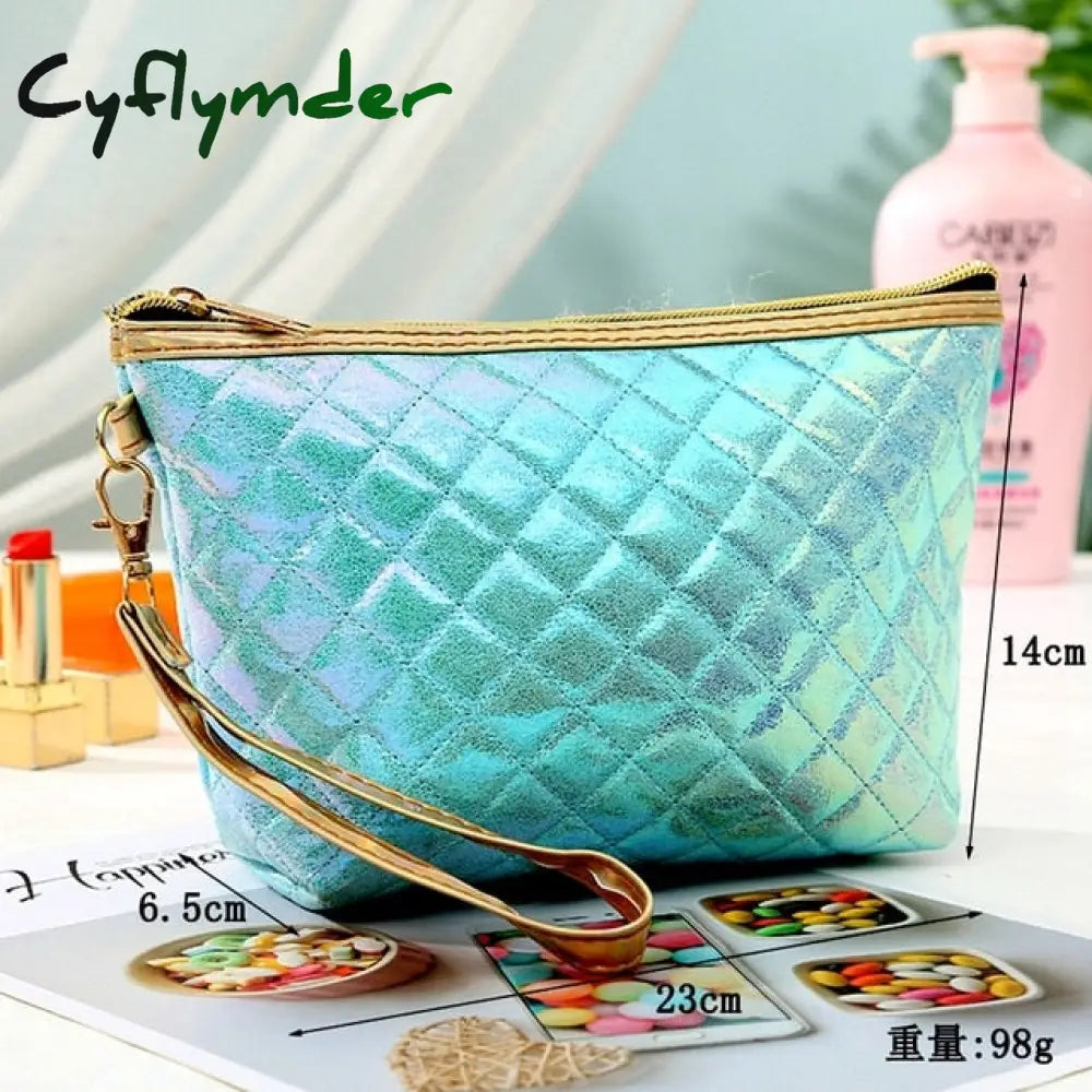 New Fashion Pu Portable Cosmetic Case Makeup Bag Casual Square Lattice Women Storage Wash C-Blue