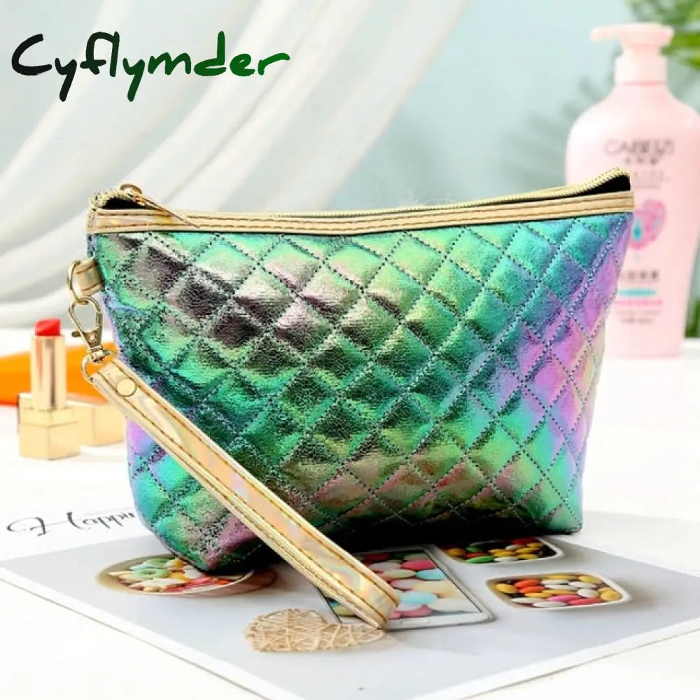 New Fashion Pu Portable Cosmetic Case Makeup Bag Casual Square Lattice Women Storage Wash C-Green