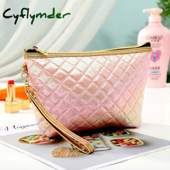 New Fashion Pu Portable Cosmetic Case Makeup Bag Casual Square Lattice Women Storage Wash C-Pink