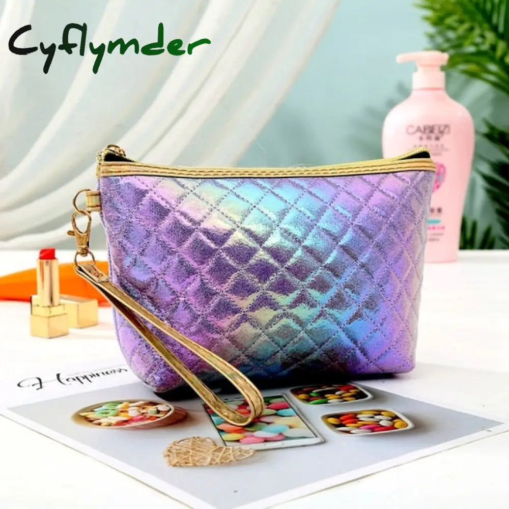 New Fashion Pu Portable Cosmetic Case Makeup Bag Casual Square Lattice Women Storage Wash C-Purple