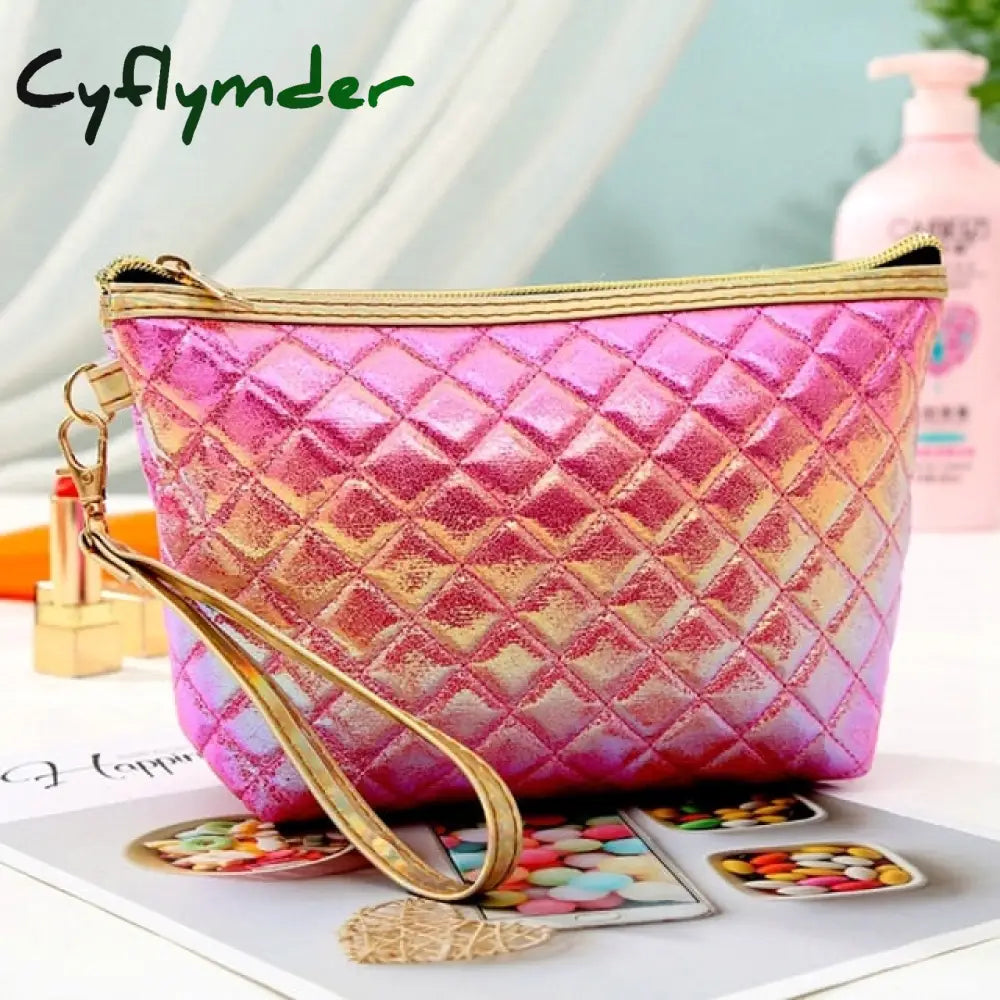 New Fashion Pu Portable Cosmetic Case Makeup Bag Casual Square Lattice Women Storage Wash C-Rose