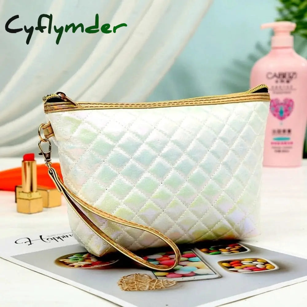 New Fashion Pu Portable Cosmetic Case Makeup Bag Casual Square Lattice Women Storage Wash C-White