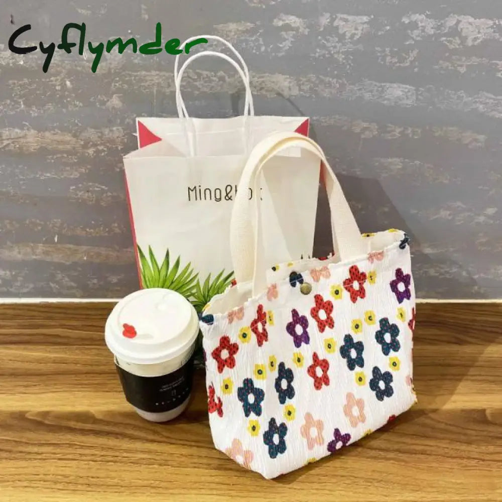 New Mini Handbag Wrinkle Shopping Bag For Girl Fresh Small Cotton Ruffle Tote Flower Print Lunch