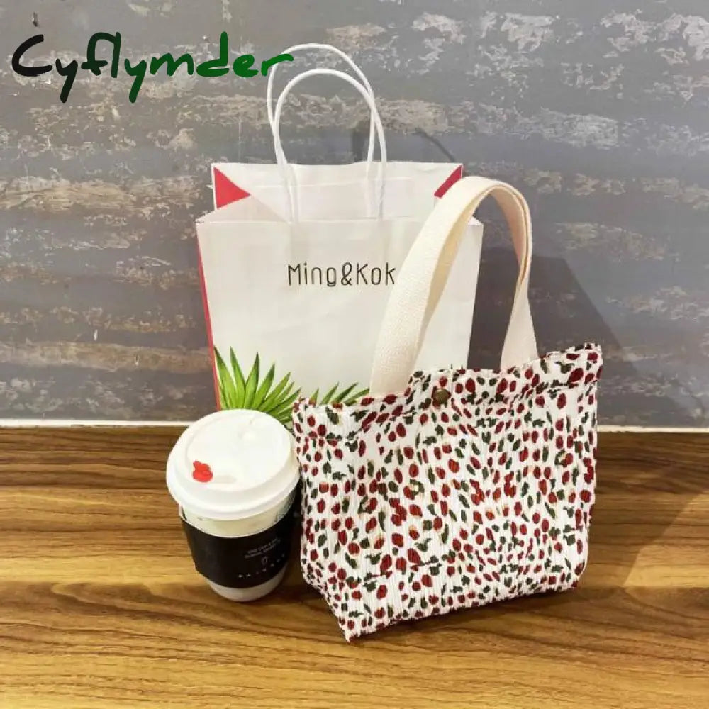 New Mini Handbag Wrinkle Shopping Bag For Girl Fresh Small Cotton Ruffle Tote Flower Print Lunch