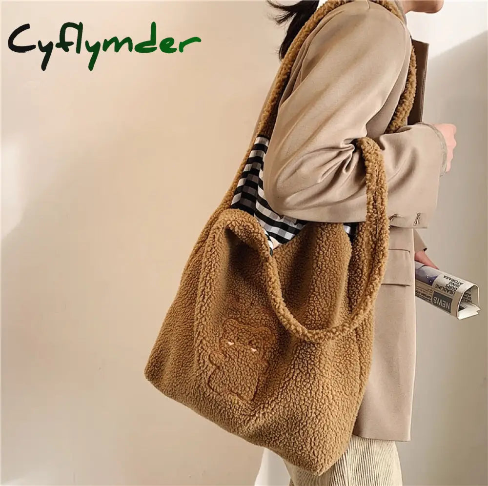 Plush Shoulder Bags For Women Simple Fashion Warm Fabric Large Capacity Shopping Bag Soft Canvas