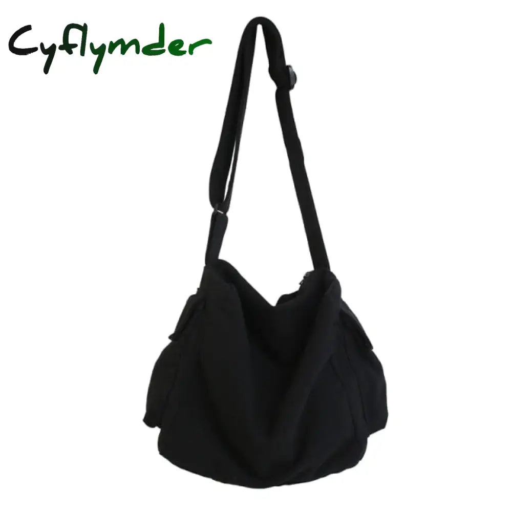 Portable Large Capacity Packages Solid Black Waterproof Nylon Shoulder Bags Japanese South Korean