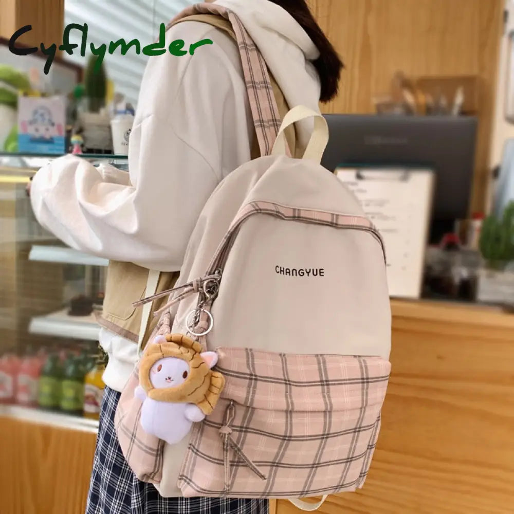 Preppy Style Panelled Waterproof Nylon Women Backpack Schoolbag For Teenage Girls Plaid Travel