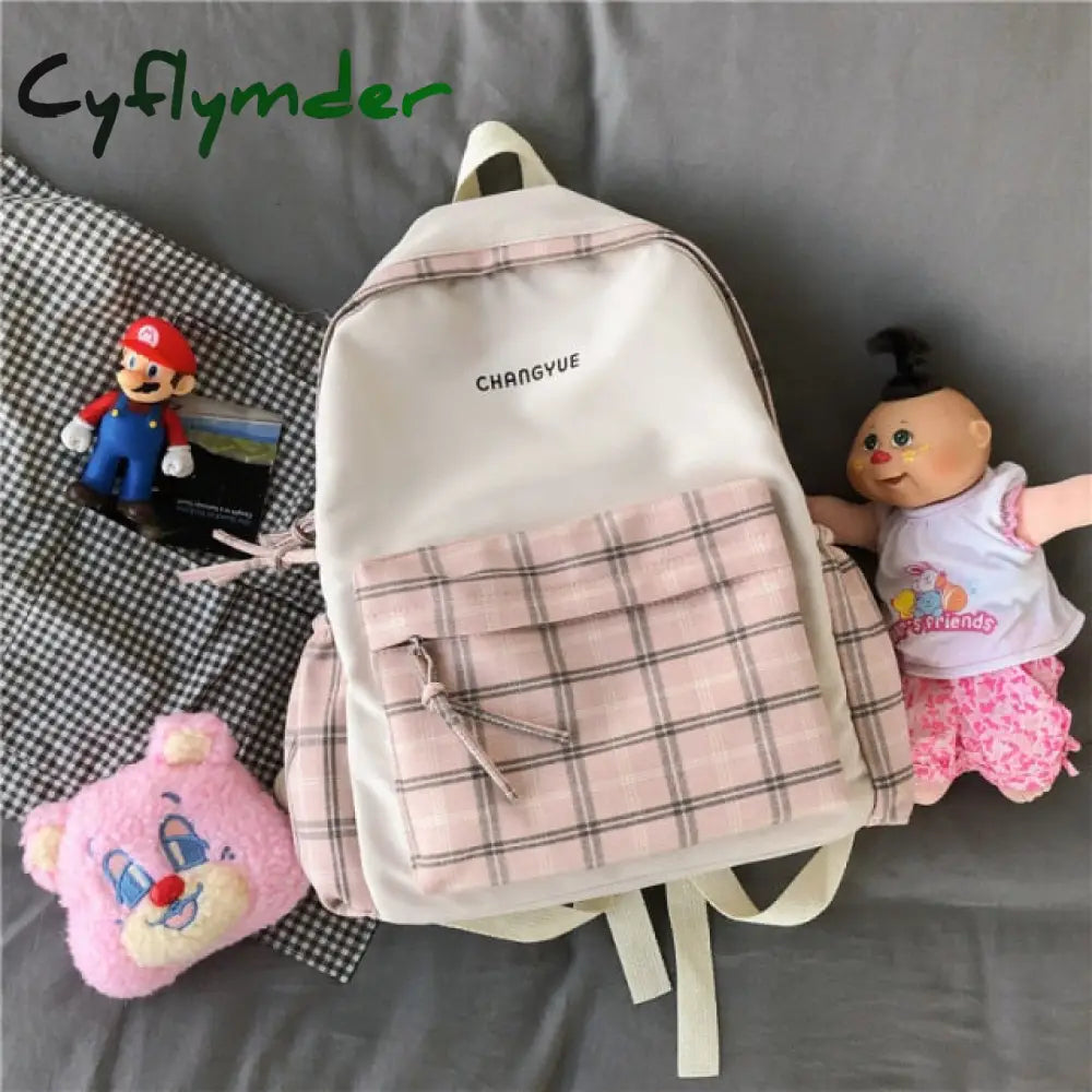 Preppy Style Panelled Waterproof Nylon Women Backpack Schoolbag For Teenage Girls Plaid Travel