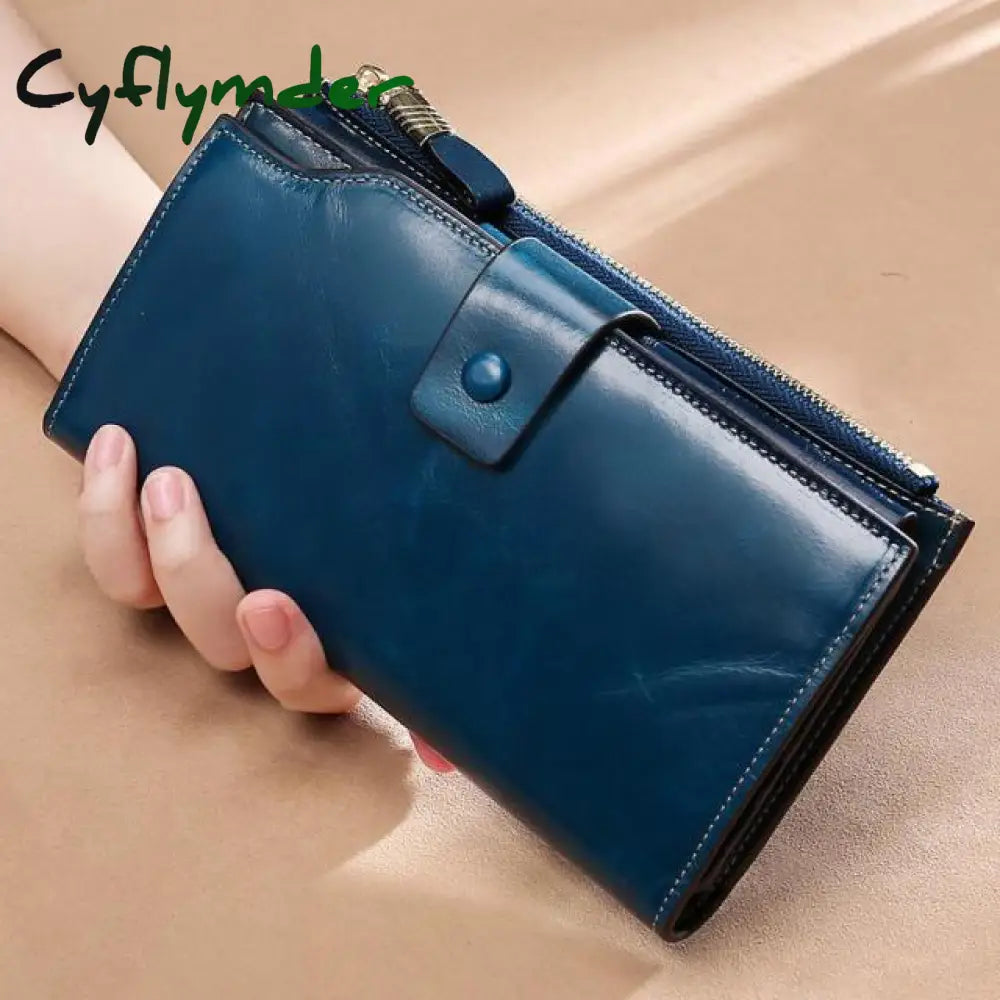 Rfid Blocking Genuine Leather Women Wallet Long Lady Purse Brand Design Luxury Oil Wax Female Coin