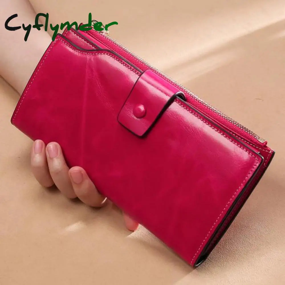 Rfid Blocking Genuine Leather Women Wallet Long Lady Purse Brand Design Luxury Oil Wax Female Coin