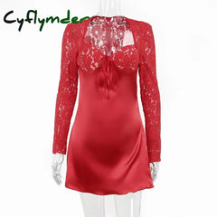 Slim-Fitting Busty Girl’s Hip-Hugging Short Skirt Lace Long-Sleeved Design A-Swing Dress Feminine