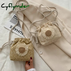 Straw Bucket Shoulder Bags For Women Flower Drawstring Rattan Woven Crossbody Pouch Bag Handbag