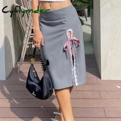 Summer Grey New Skirt For Women Lace-Up Split Fashion Streetwear Casual Slim High Wais Straight