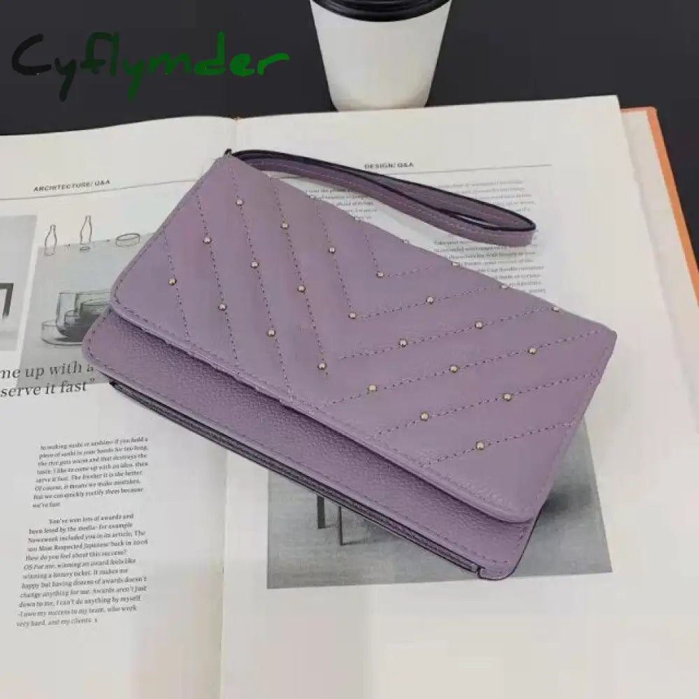 Wallet Ladies New Large Capacity Long Handbag Embroidery Screw Rivet Light Purple