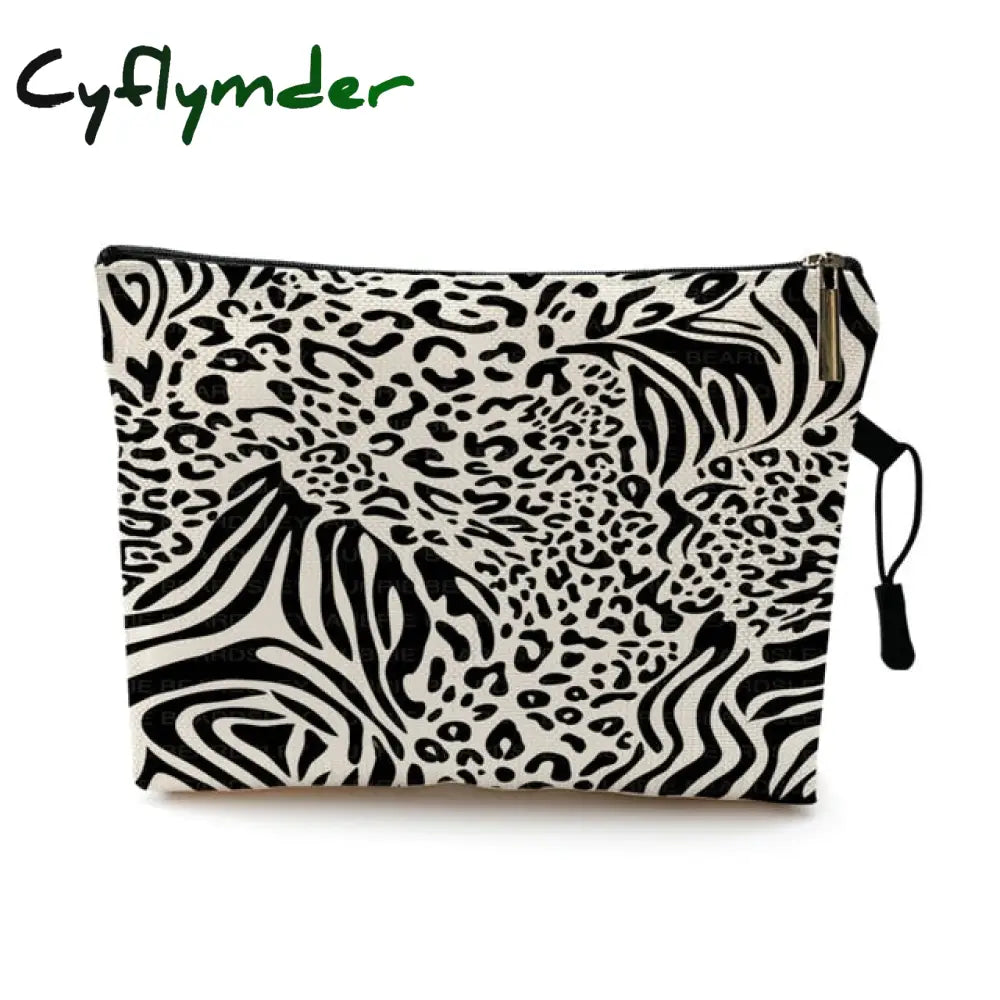 Water Resistant Makeup Bag Zebra Stripe Brown Pink Leopard Print Linen Cosmetic Organizer Women