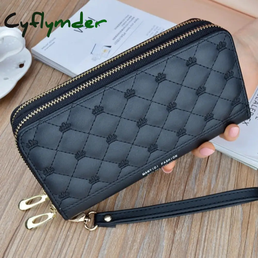 Women Wallet Long Crown Double Zipper Embroidery Thread Ladies Hand Multi-Card Fashion Wild Mobile