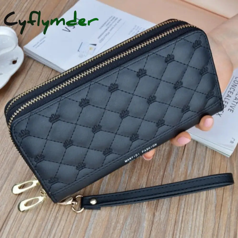 Women Wallet Long Crown Double Zipper Embroidery Thread Ladies Hand Multi-Card Fashion Wild Mobile