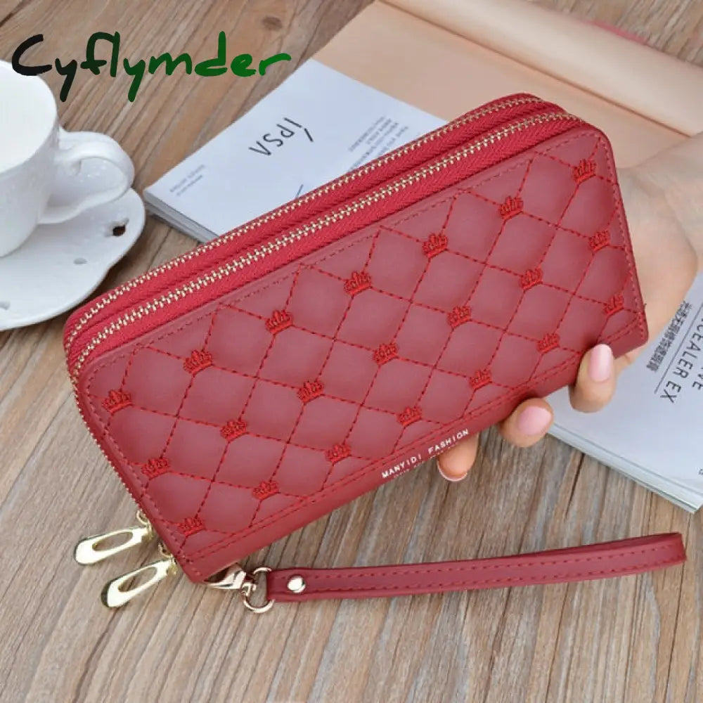 Women Wallet Long Crown Double Zipper Embroidery Thread Ladies Hand Multi-Card Fashion Wild Mobile