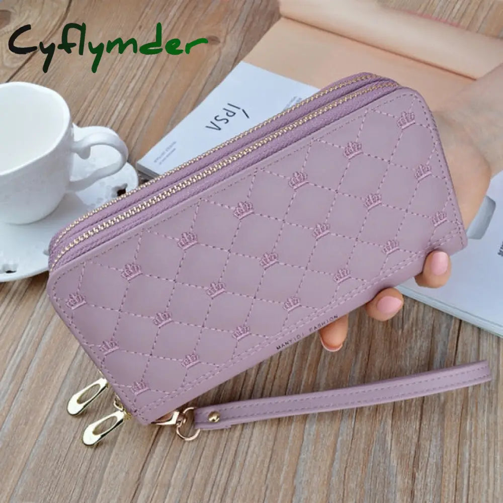 Women Wallet Long Crown Double Zipper Embroidery Thread Ladies Hand Multi-Card Fashion Wild Mobile