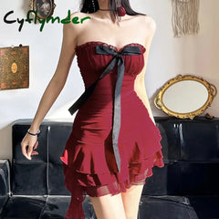 Women’s Strapless Dress Spice Girls Contrast Color Bow Pleated Cake Vintage Red New Year
