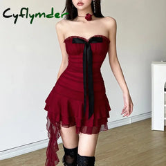 Women’s Strapless Dress Spice Girls Contrast Color Bow Pleated Cake Vintage Red New Year