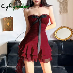 Women’s Strapless Dress Spice Girls Contrast Color Bow Pleated Cake Vintage Red New Year