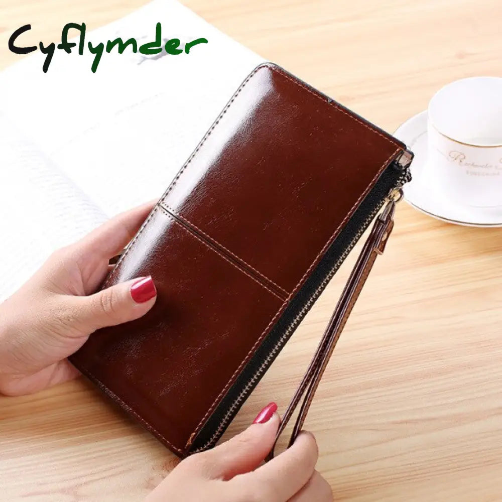 Women’s Vintage Oil Wax Leather Zipper Clutch Wallet Female Large Capacity Coin Purse Ladies
