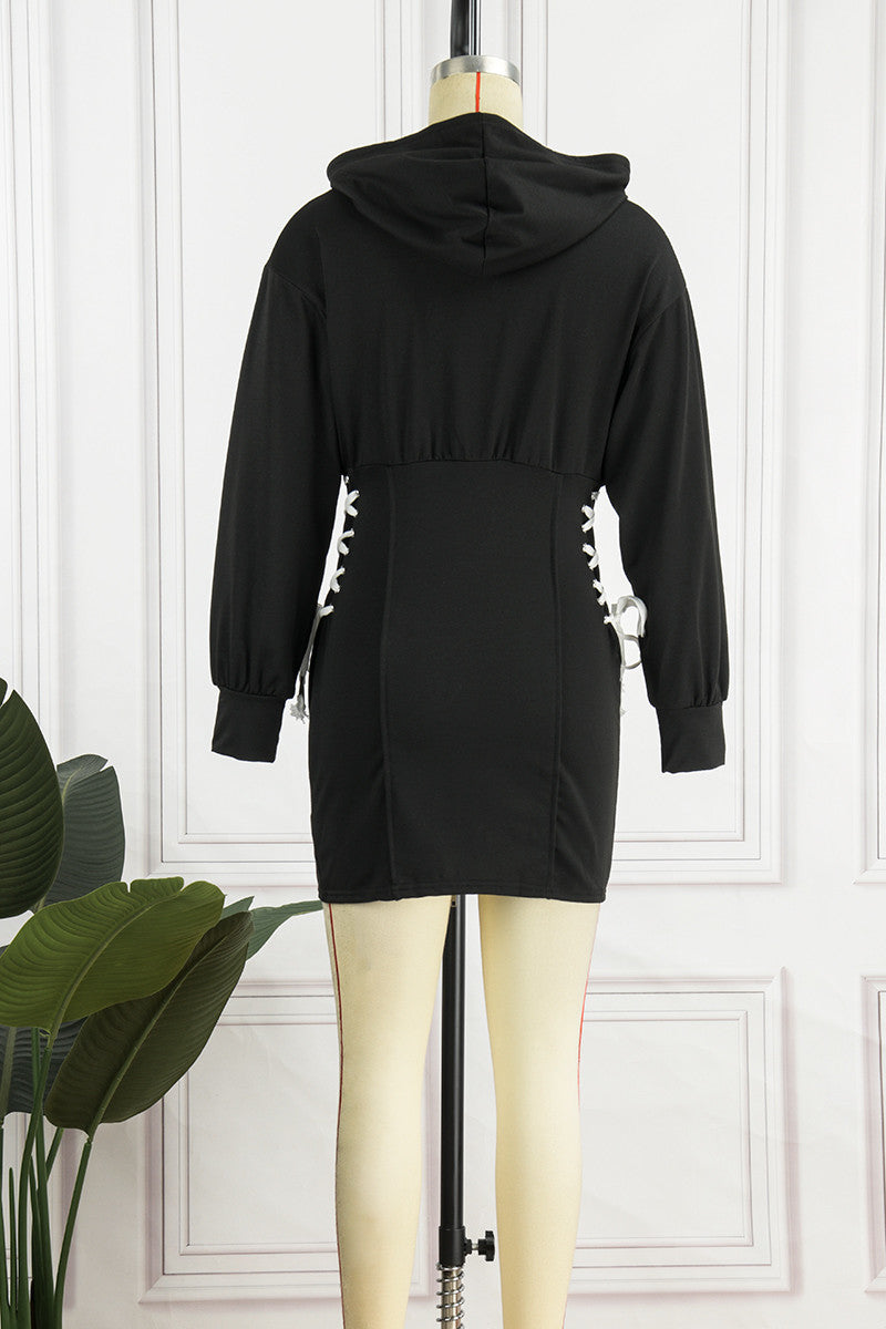Cyflymder - Black Casual Solid Patchwork Hooded Collar Long Sleeve Dresses