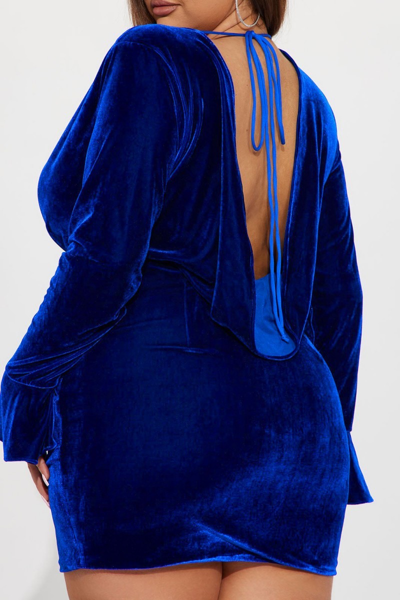 Cyflymder - Blue Casual Solid Frenulum Backless V Neck Long Sleeve Dresses