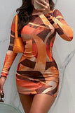Cyflymder - Orange Casual Print Basic O Neck Long Sleeve Dresses