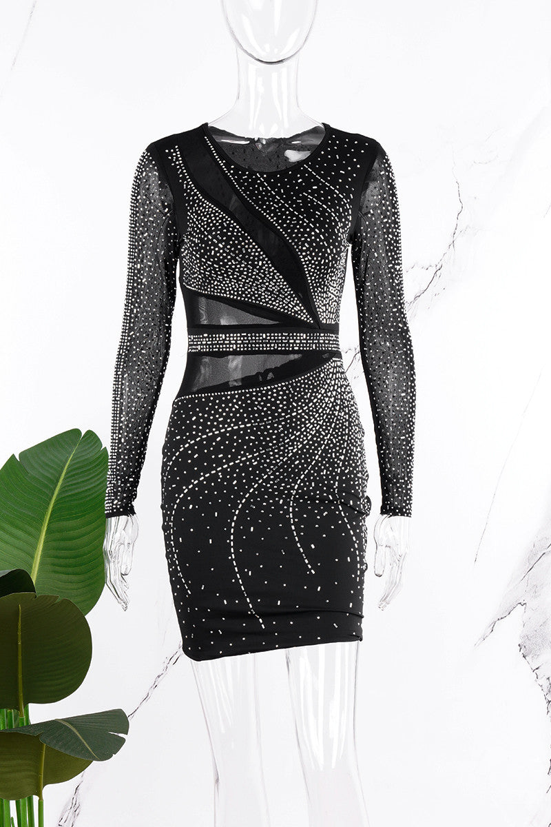 Cyflymder - Black Sexy Patchwork Hot Drilling See-through O Neck Long Sleeve Dresses