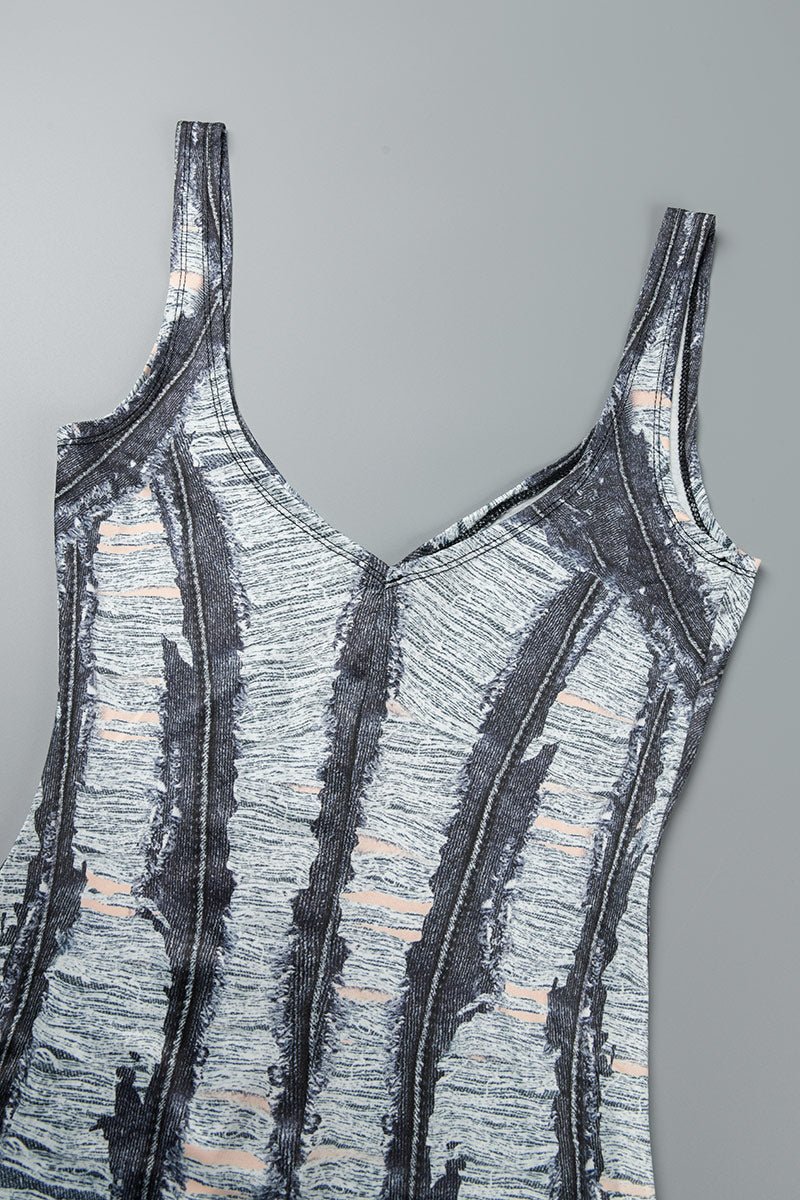 Cyflymder - Grey Sexy Striped Ripped Patchwork Backless Spaghetti Strap One Step Skirt Dresses