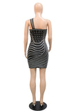 Cyflymder - Black Fashion Sexy Patchwork Hot Drilling Backless One Shoulder Sleeveless Dress Dresses
