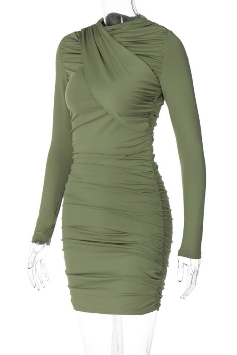 Cyflymder - Green Casual Solid Fold Half A Turtleneck Long Sleeve Dresses
