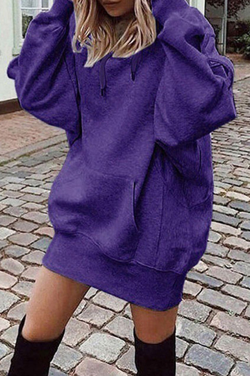 Cyflymder - Purple Fashion Casual Solid Patchwork Hooded Collar Long Sleeve Dresses
