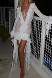 Cyflymder - White Casual Solid Tassel See-through V Neck Wrapped Skirt Dresses