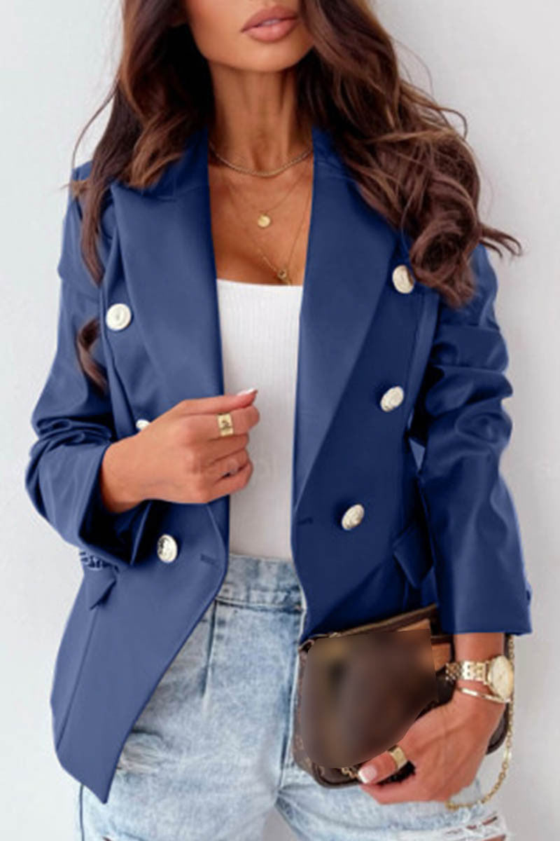 Cyflymder - Blue Casual Solid Cardigan Turn-back Collar Outerwear